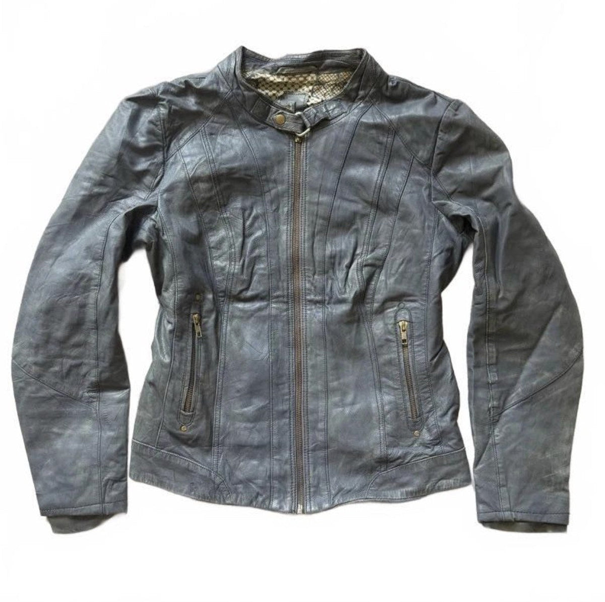 Vintage Y2K Naf Naf Grey Leather Moto Jacket with Snake Print Trim detail 2