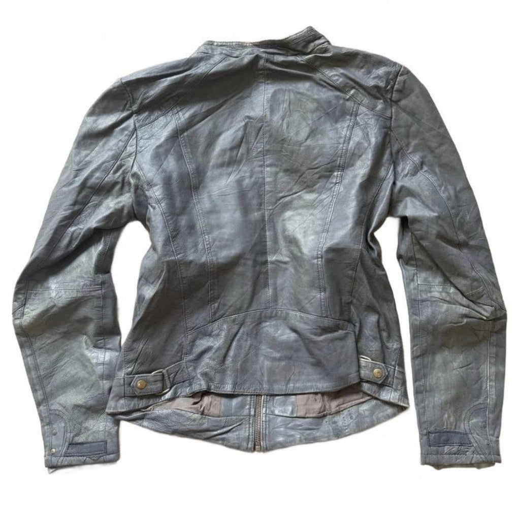 Vintage Y2K Naf Naf Grey Leather Moto Jacket with Snake Print Trim detail 3