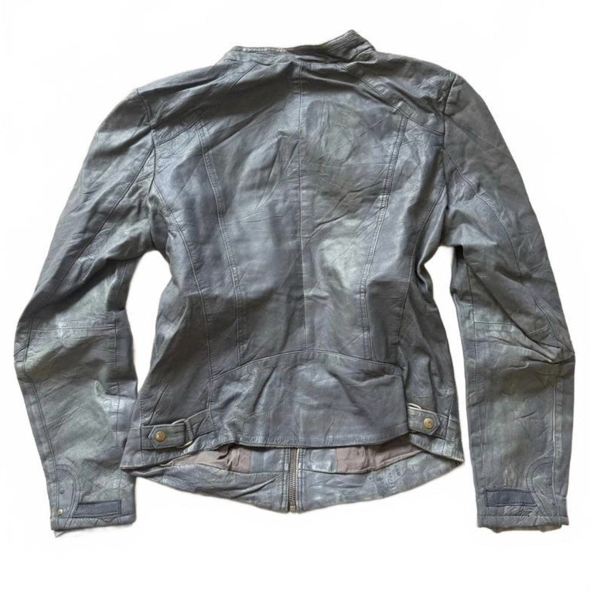 Vintage Y2K Naf Naf Grey Leather Moto Jacket with Snake Print Trim detail 3