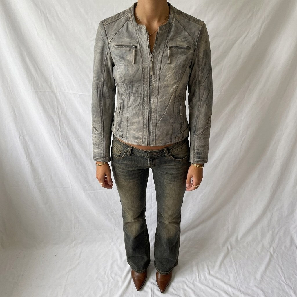 Vintage Y2K CKN Light Grey Washed Leather Moto Jacket