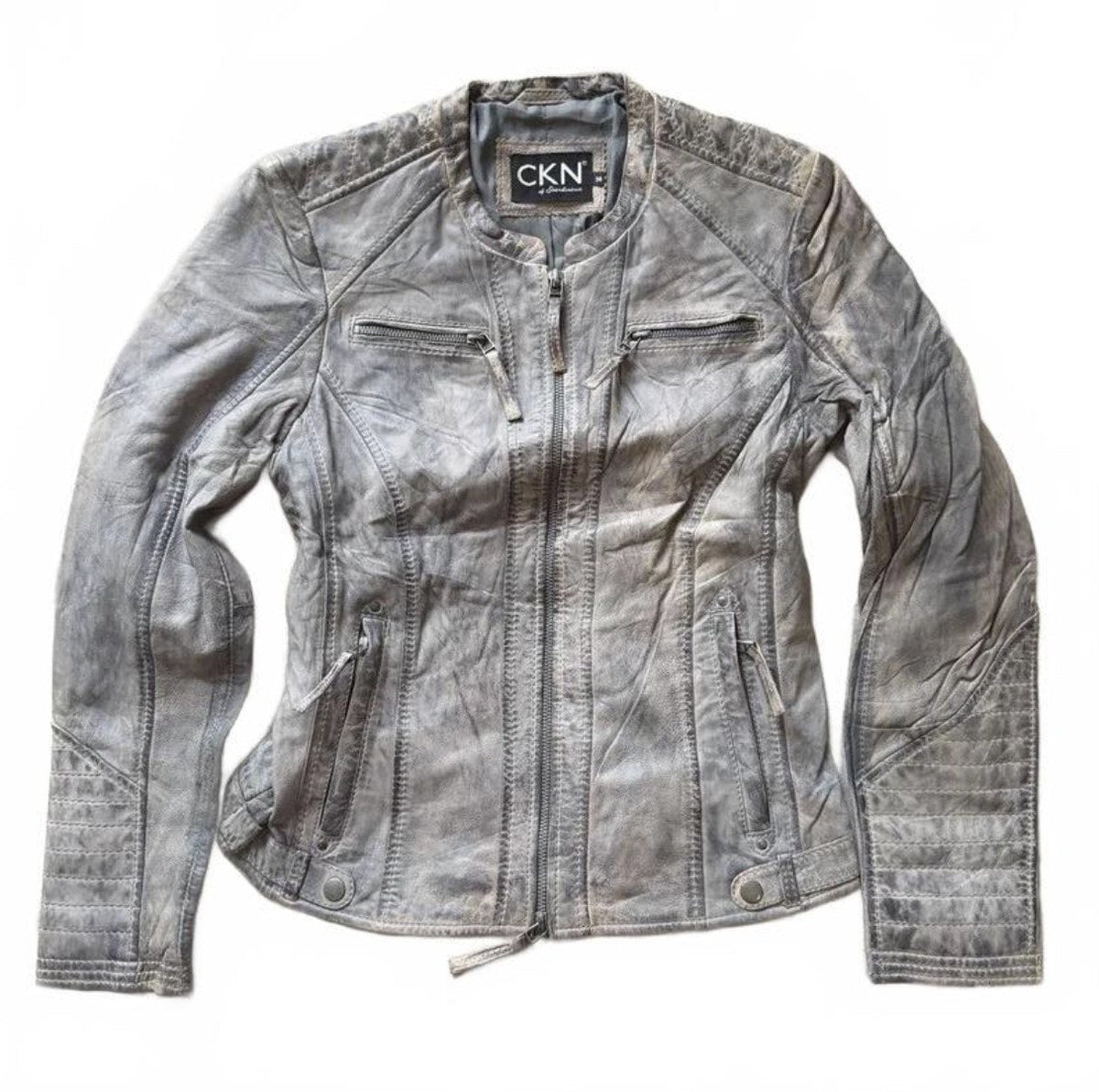 Vintage Y2K CKN Light Grey Washed Leather Moto Jacket detail 2