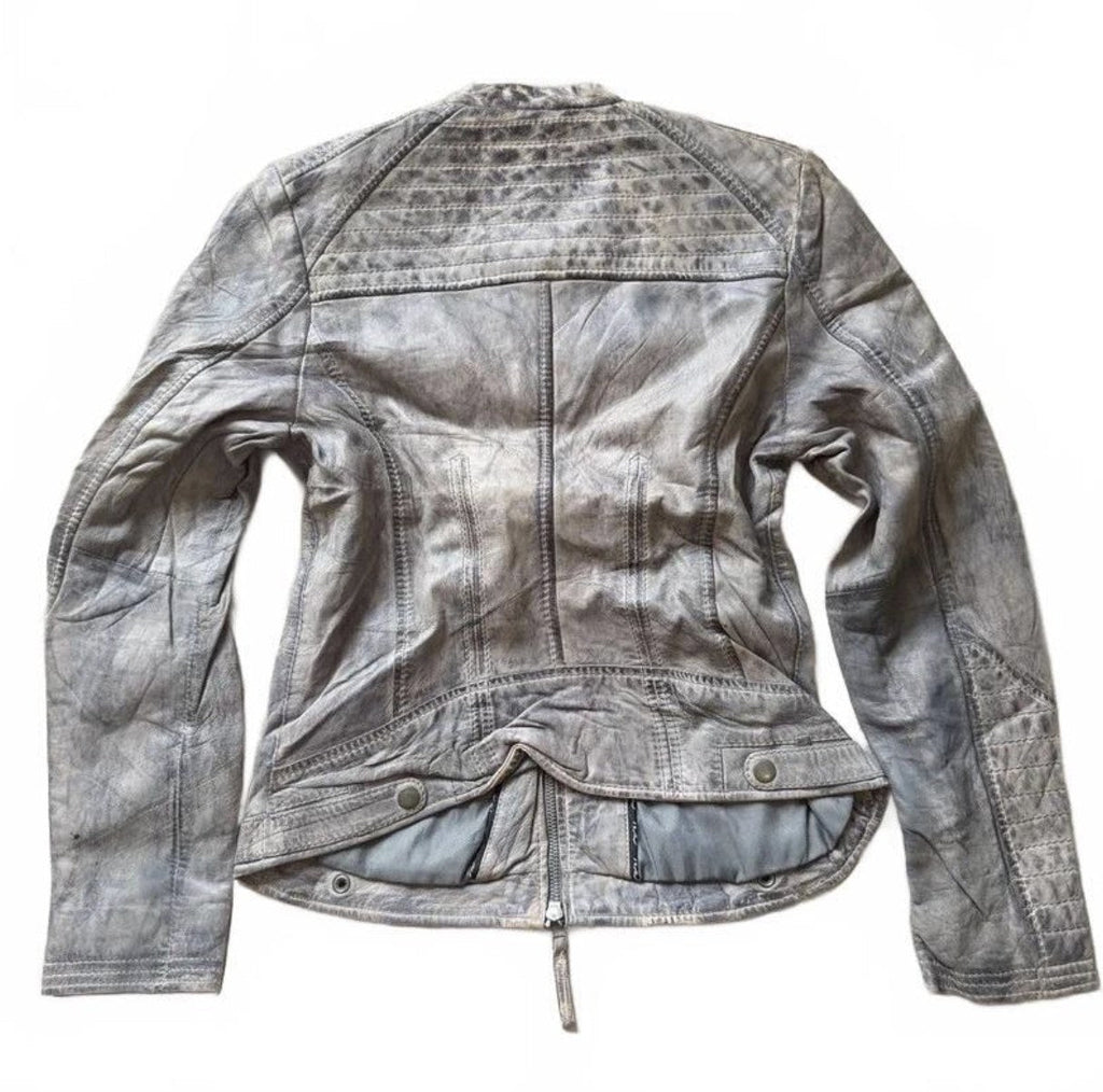 Vintage Y2K CKN Light Grey Washed Leather Moto Jacket detail 3