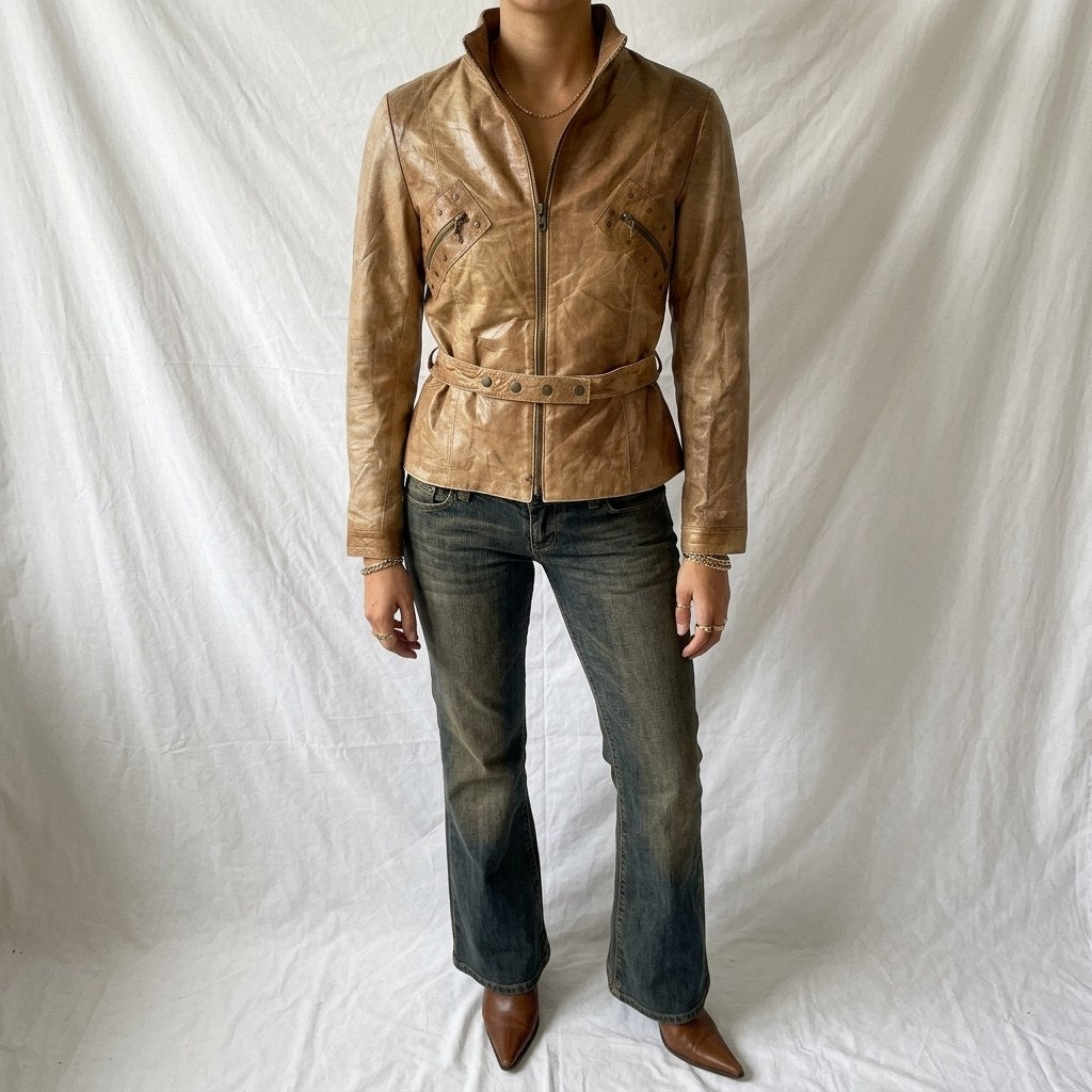 Vintage Y2K Emanuele Curci Tan Leather Belted Biker Jacket
