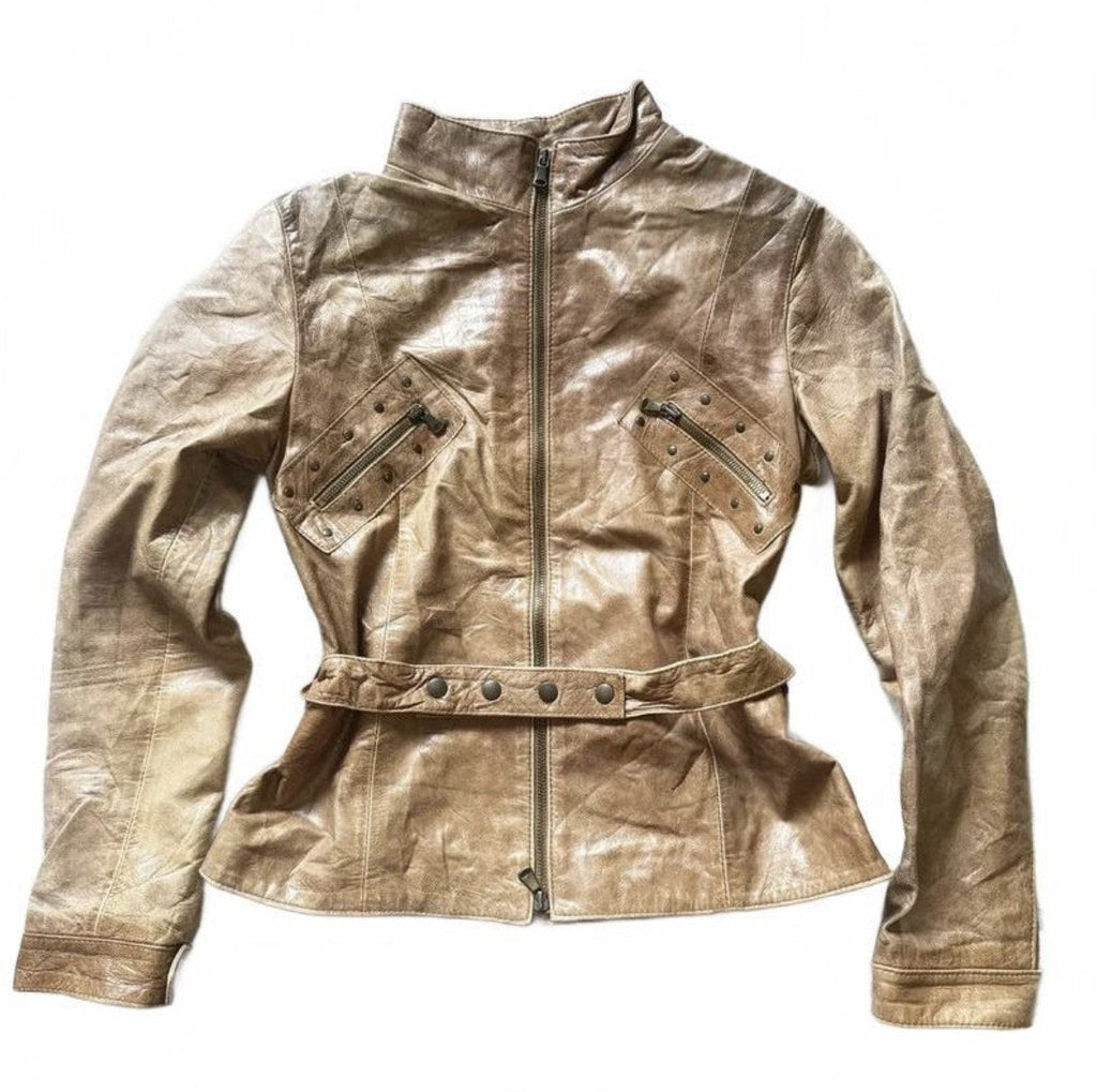 Vintage Y2K Emanuele Curci Tan Leather Belted Biker Jacket detail 2
