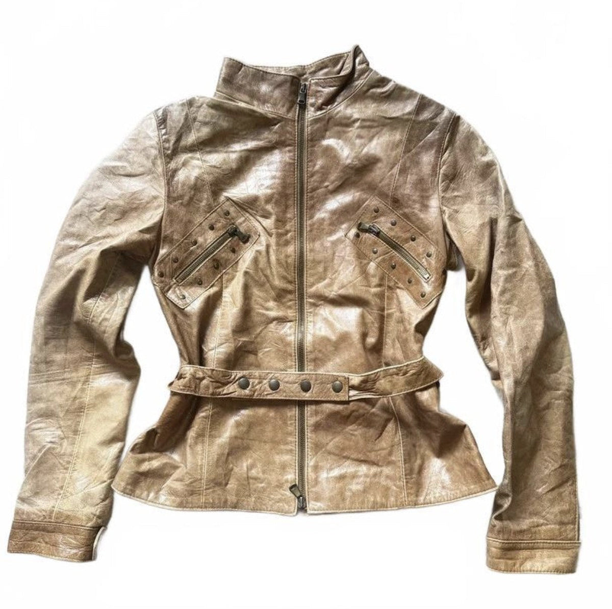Vintage Y2K Emanuele Curci Tan Leather Belted Biker Jacket detail 2