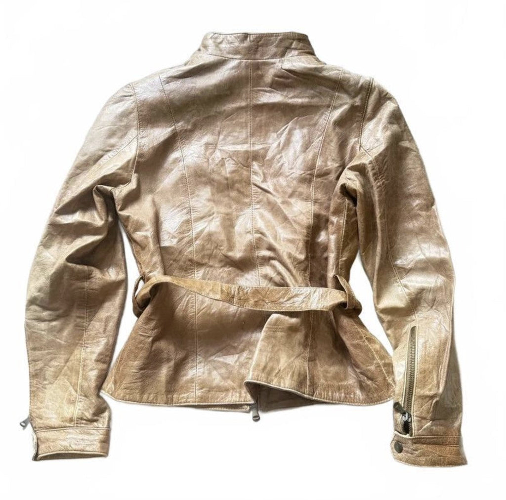 Vintage Y2K Emanuele Curci Tan Leather Belted Biker Jacket detail 3