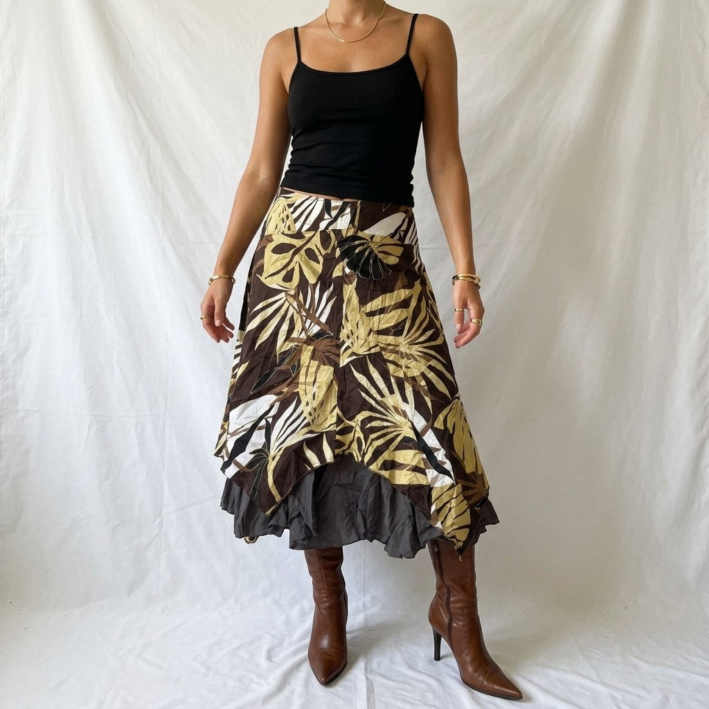 Vintage Y2K Brown Tropical Leaf Print Hanky Hem Skirt