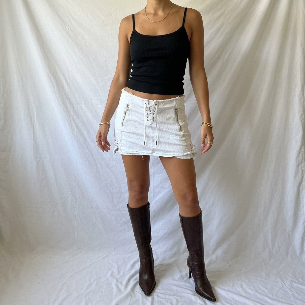 Vintage Y2K Blank NYC White Denim Lace Up Micro Mini Skirt