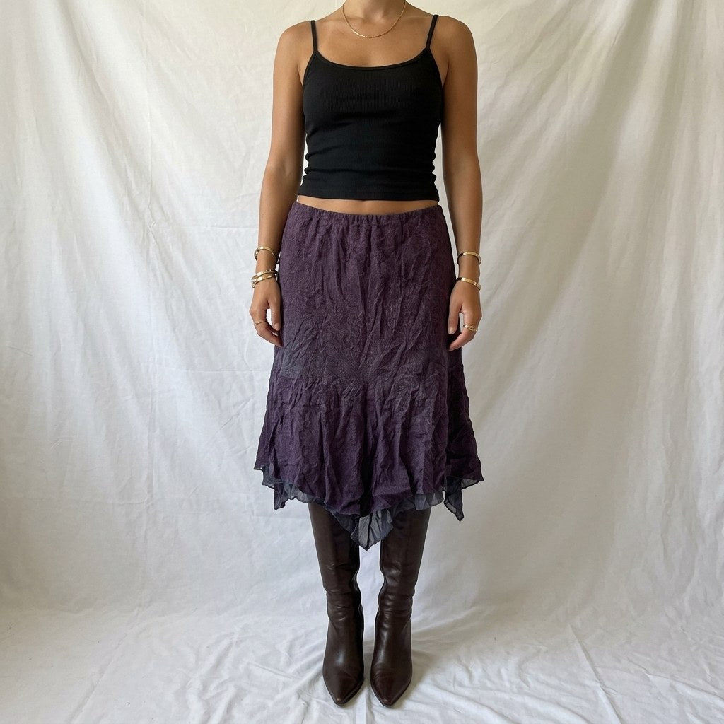 Vintage Y2K Purple Crinkle Hanky Hem Midi Skirt