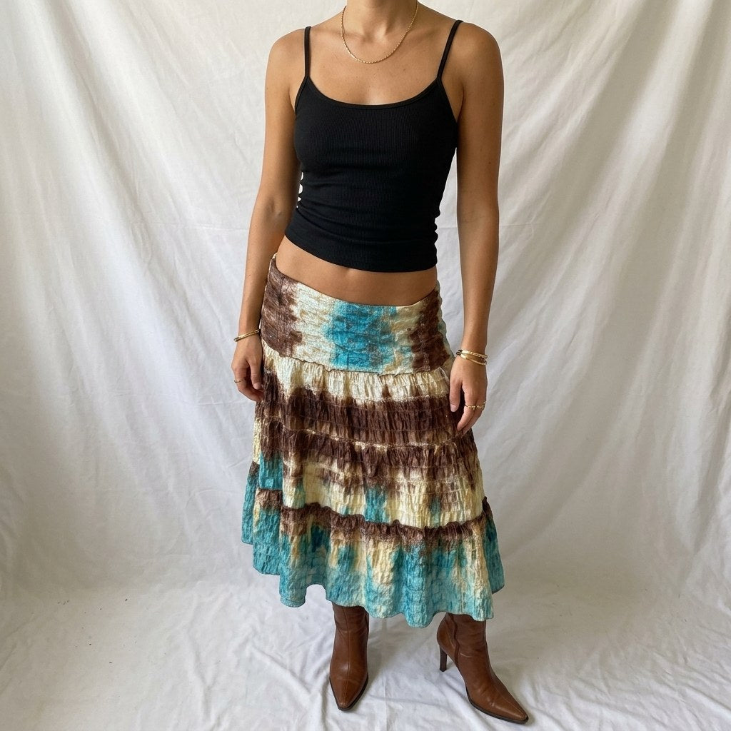 Vintage Y2K Turquoise and Brown Tie Dye Tiered Midi Skirt