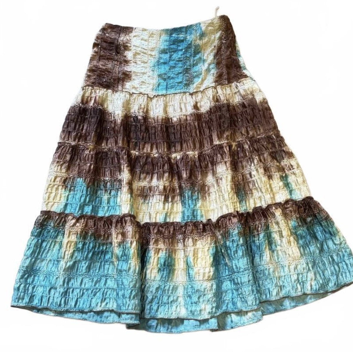 Vintage Y2K Turquoise and Brown Tie Dye Tiered Midi Skirt detail 2