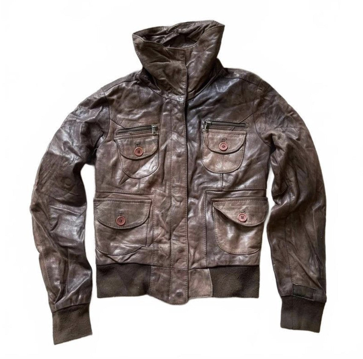 Vintage Y2K Rifle Brown Leather Bomber Jacket with Funnel Neck detail 2