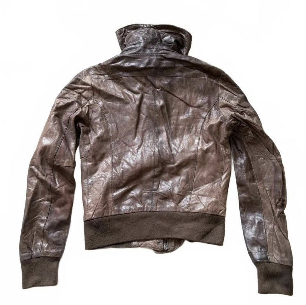 Vintage Y2K Rifle Brown Leather Bomber Jacket with Funnel Neck detail 3