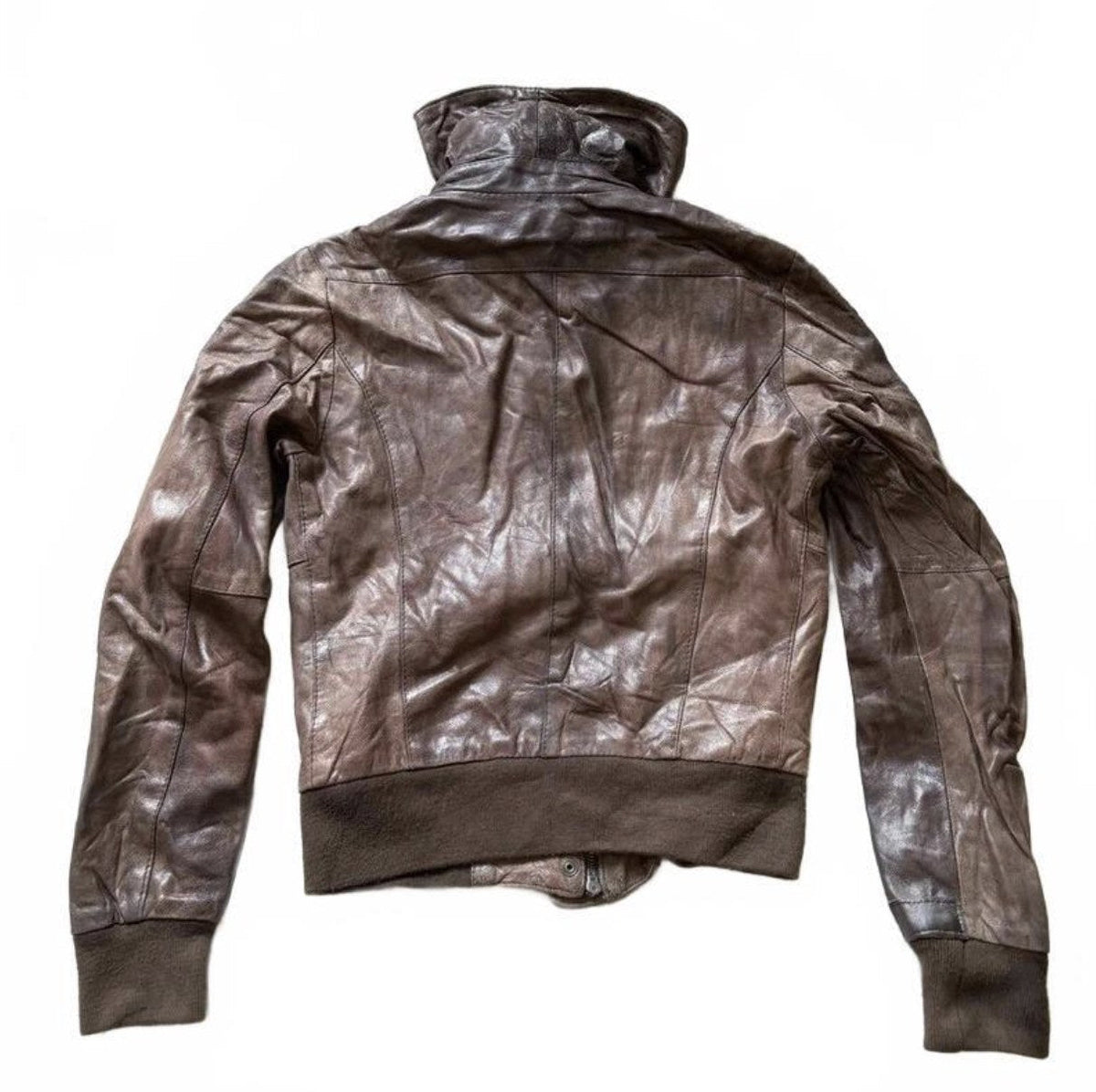 Vintage Y2K Rifle Brown Leather Bomber Jacket with Funnel Neck detail 3